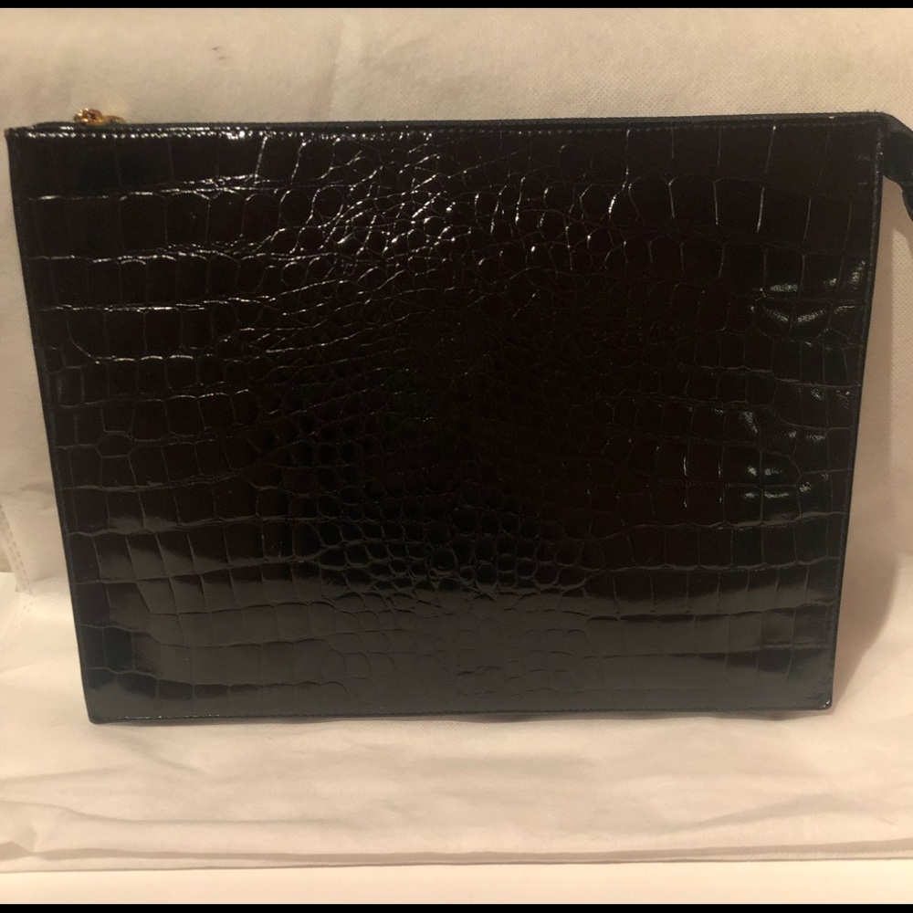 Fabulous Vintage Fendi black croco embossed patent leather clutch.
